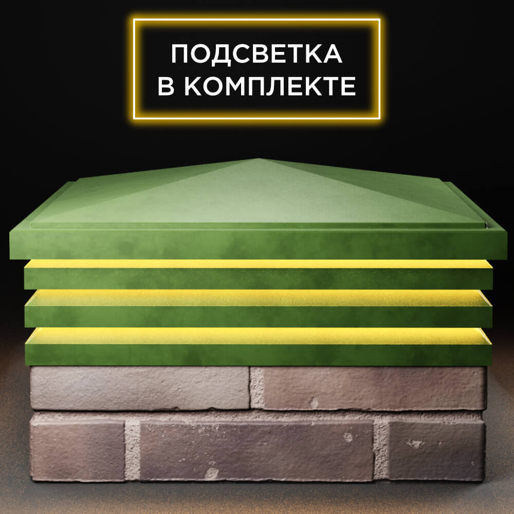Колпак Zking Бона ХайТек Зеленый на столб 2х2 кирпича (513х513мм) с подсветкой Грозный фото